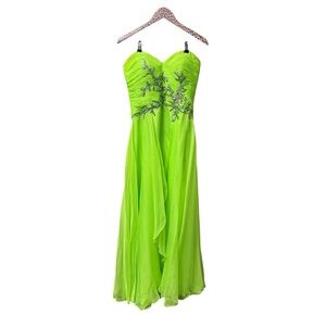 Mac Duggal Strapless Bedazzled Sparkle Long Chiffon Gown Dress Neon Green 10